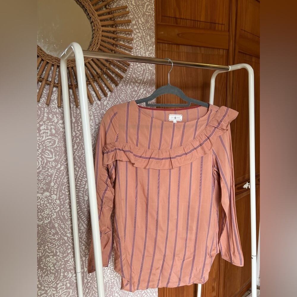 Lou & Grey Long Ruffle Sleeve Pink Striped Business Casual Blouse - Picture 1 of 5